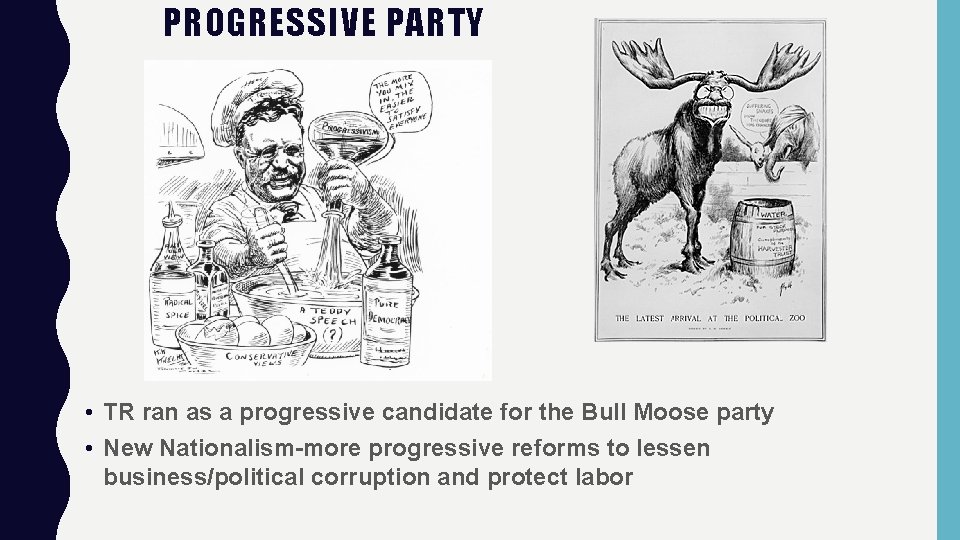 PROGRESSIVE PARTY • TR ran as a progressive candidate for the Bull Moose party