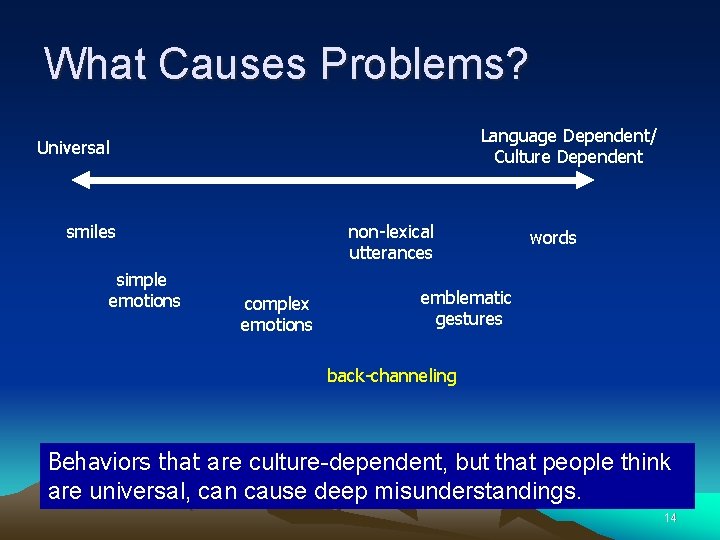 What Causes Problems? Language Dependent/ Culture Dependent Universal smiles simple emotions non-lexical utterances complex