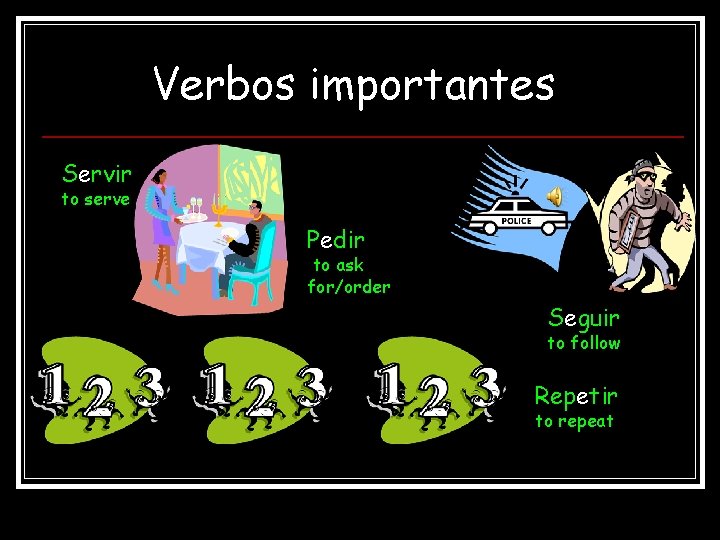 Verbos importantes Servir to serve Pedir to ask for/order Seguir to follow Repetir to