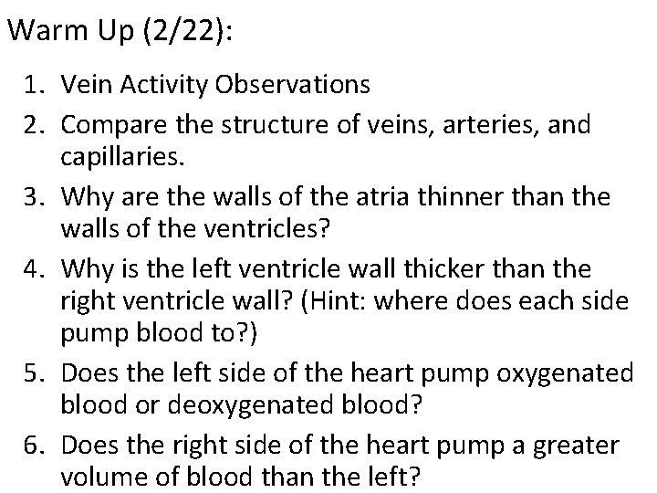Warm Up (2/22): 1. Vein Activity Observations 2. Compare the structure of veins, arteries,