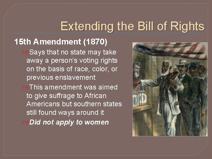 Extending the Bill of Rights 15 th Amendment (1870) Says that no state may