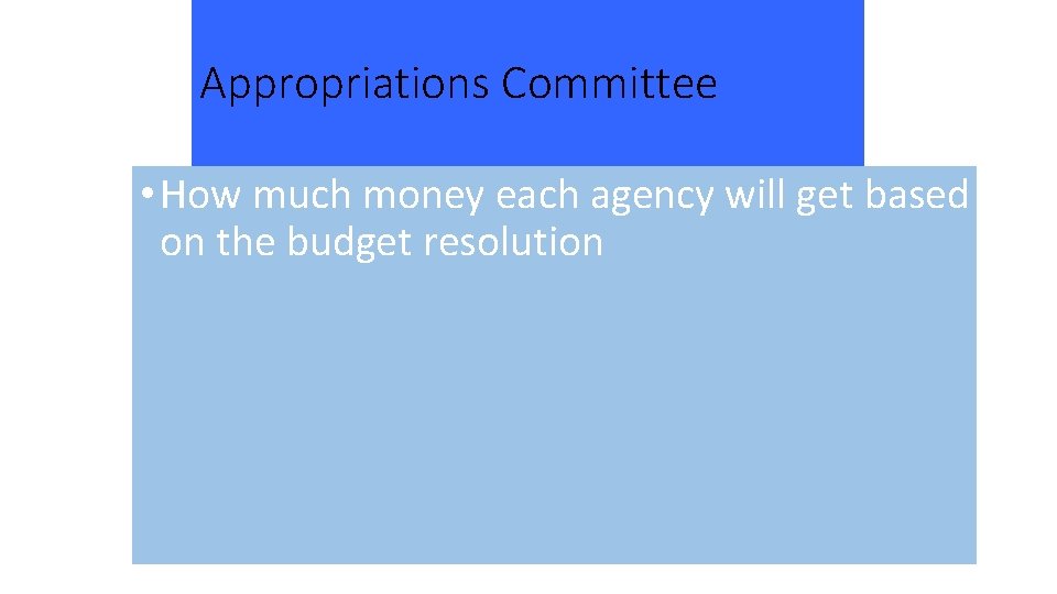 Appropriations Committee • How much money each agency will get based on the budget