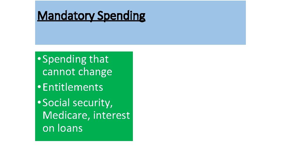 Mandatory Spending • Spending that cannot change • Entitlements • Social security, Medicare, interest