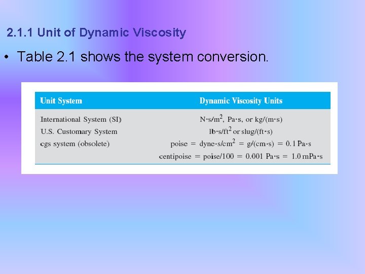 2. 1. 1 Unit of Dynamic Viscosity • Table 2. 1 shows the system