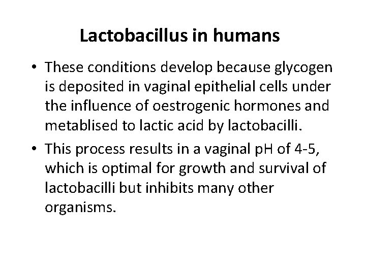 Lactobacillus in humans • These conditions develop because glycogen is deposited in vaginal epithelial