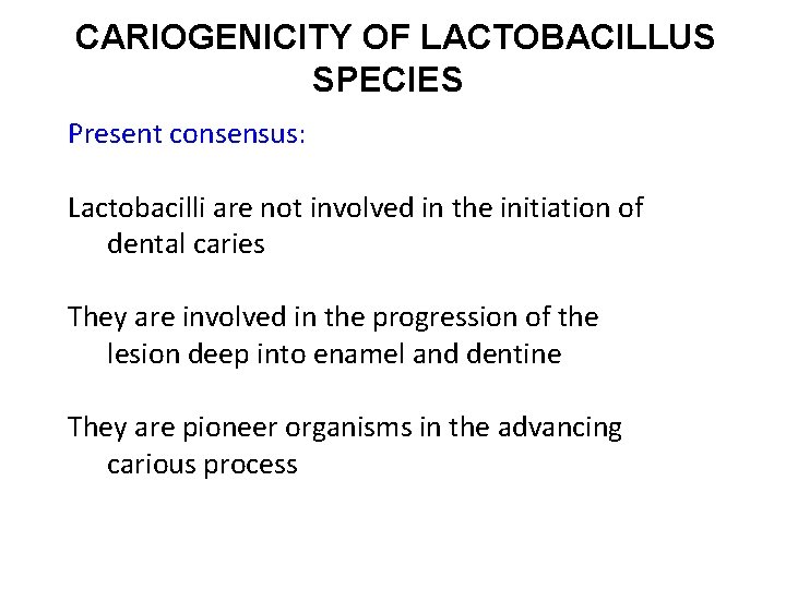 CARIOGENICITY OF LACTOBACILLUS SPECIES Present consensus: Lactobacilli are not involved in the initiation of