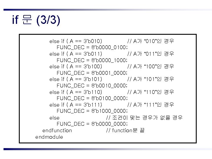if 문 (3/3) else if ( A == 3’b 010) // A가 “ 010”인 if 문 (3/3) else if ( A == 3’b 010) // A가 “ 010”인