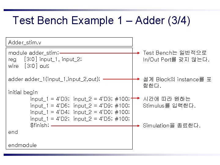 Test Bench Example 1 – Adder (3/4) Adder_stim. v module adder_stim; reg [3: 0]