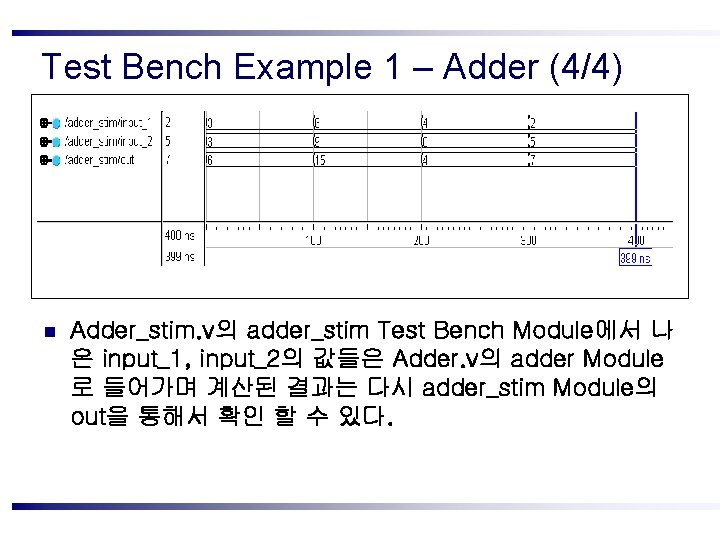 Test Bench Example 1 – Adder (4/4) n Adder_stim. v의 adder_stim Test Bench Module에서 Test Bench Example 1 – Adder (4/4) n Adder_stim. v의 adder_stim Test Bench Module에서