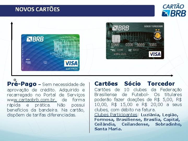 NOVOS CARTÕES o Pré-Pago – Sem necessidade de aprovação de crédito. Adquirido e recarregado