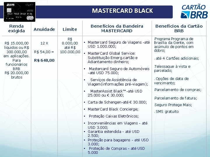 MASTERCARD BLACK Renda exigida R$ 15. 000, 00 líquidos ou R$ 300. 000, 00 MASTERCARD BLACK Renda exigida R$ 15. 000, 00 líquidos ou R$ 300. 000, 00