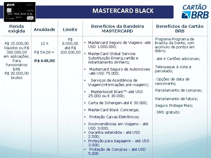 MASTERCARD BLACK Renda exigida R$ 15. 000, 00 líquidos ou R$ 300. 000, 00