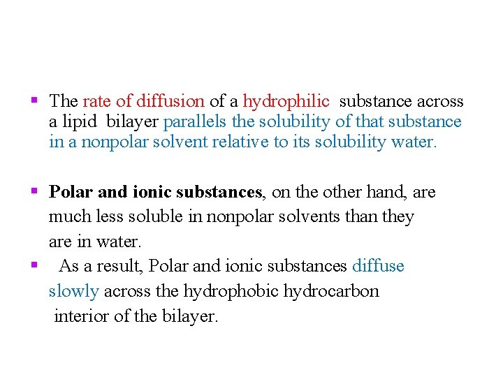 § The rate of diffusion of a hydrophilic substance across a lipid bilayer parallels