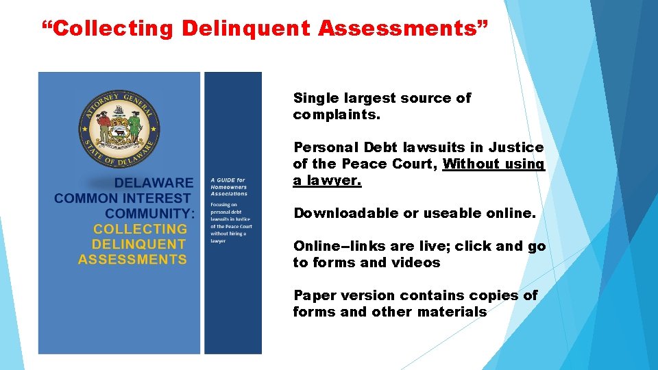 “Collecting Delinquent Assessments” Single largest source of complaints. Personal Debt lawsuits in Justice of