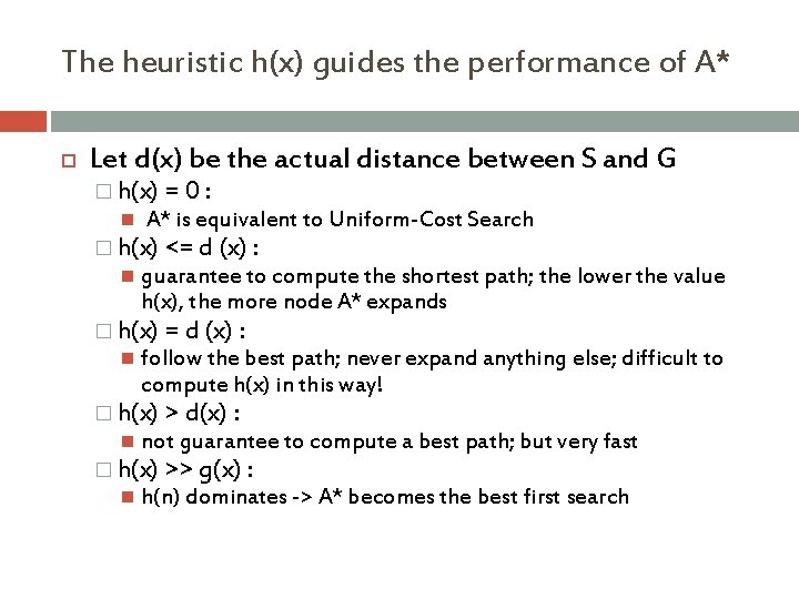 The heuristic h(x) guides the performance of A* Let d(x) be the actual distance