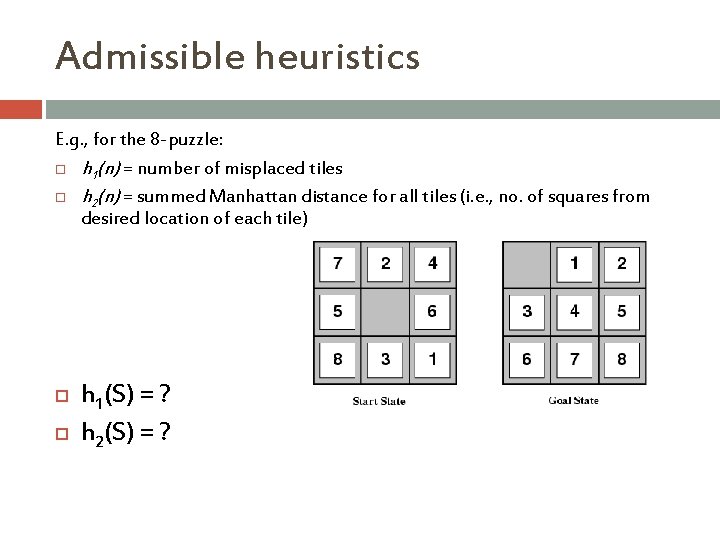 Admissible heuristics E. g. , for the 8 -puzzle: h 1(n) = number of