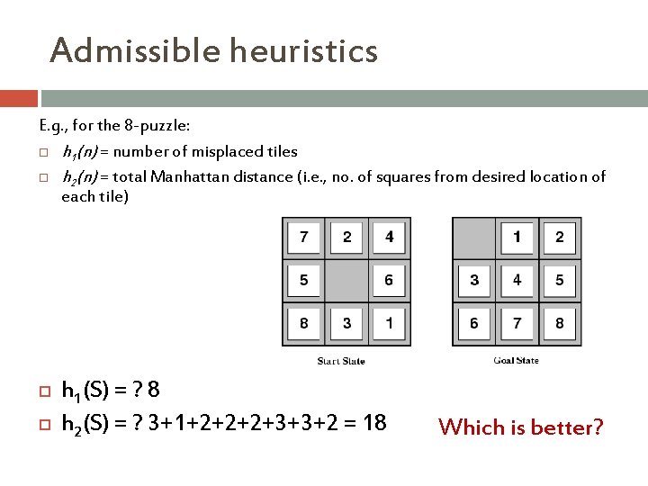 Admissible heuristics E. g. , for the 8 -puzzle: h 1(n) = number of