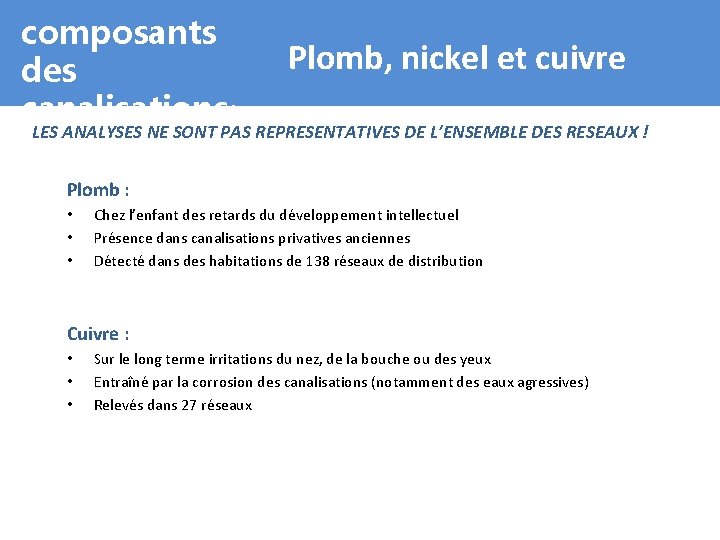 composants des canalisations: Plomb, nickel et cuivre LES ANALYSES NE SONT PAS REPRESENTATIVES DE