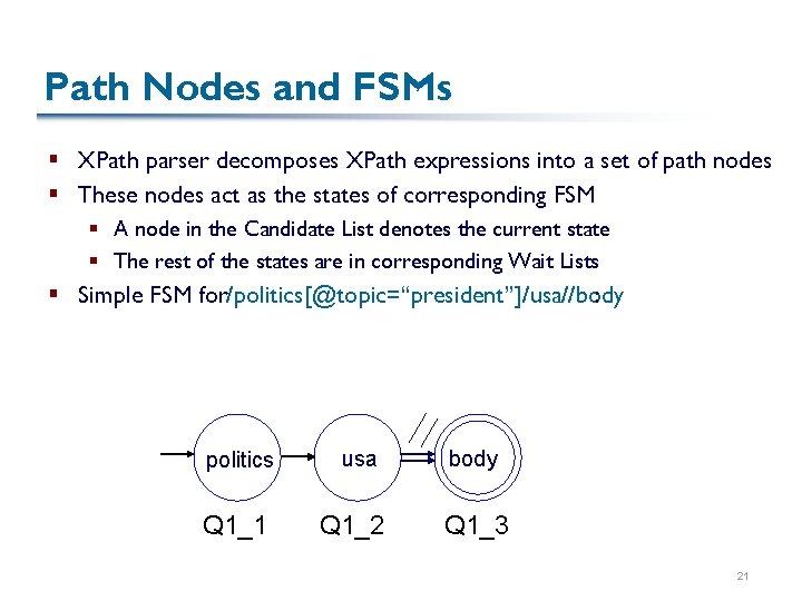 Path Nodes and FSMs § XPath parser decomposes XPath expressions into a set of