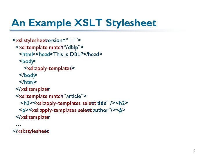 An Example XSLT Stylesheet <xsl: stylesheetversion=“ 1. 1”> <xsl: template match=“/dblp”> <html><head>This is DBLP</head>