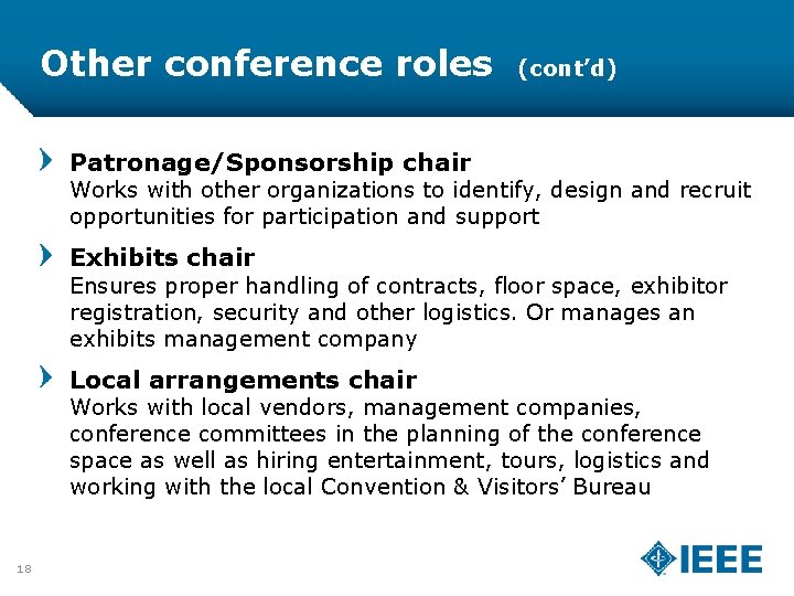 Other conference roles (cont’d) Patronage/Sponsorship chair Works with other organizations to identify, design and