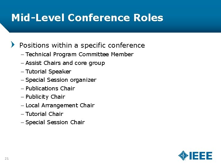 Mid-Level Conference Roles Positions within a specific conference – Technical Program Committee Member –