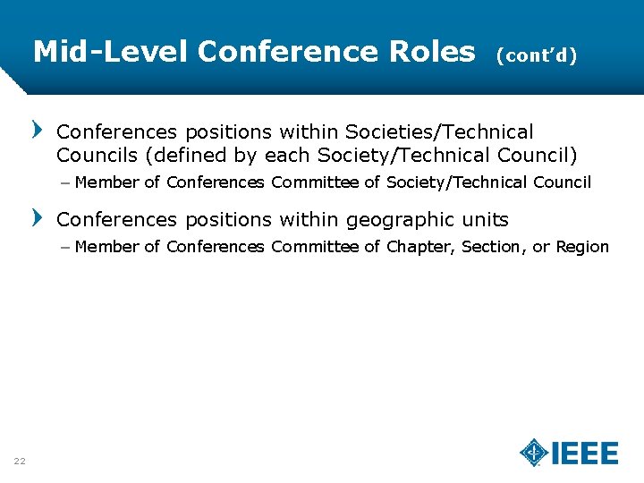 Mid-Level Conference Roles (cont’d) Conferences positions within Societies/Technical Councils (defined by each Society/Technical Council)