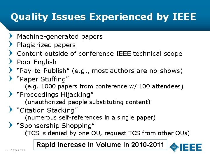 Quality Issues Experienced by IEEE Machine-generated papers Plagiarized papers Content outside of conference IEEE