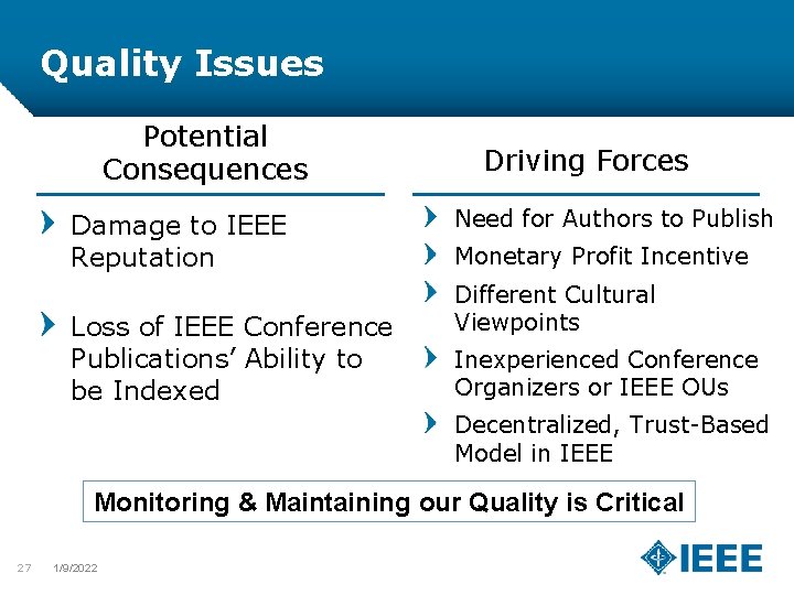 Quality Issues Potential Consequences Damage to IEEE Reputation Loss of IEEE Conference Publications’ Ability