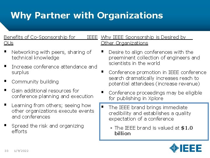 Why Partner with Organizations Benefits of Co-Sponsorship for OUs IEEE Why IEEE Sponsorship is