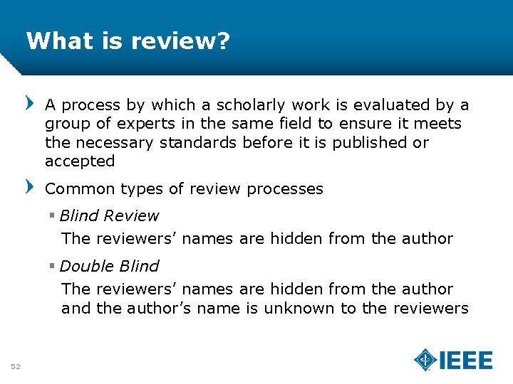 What is review? A process by which a scholarly work is evaluated by a
