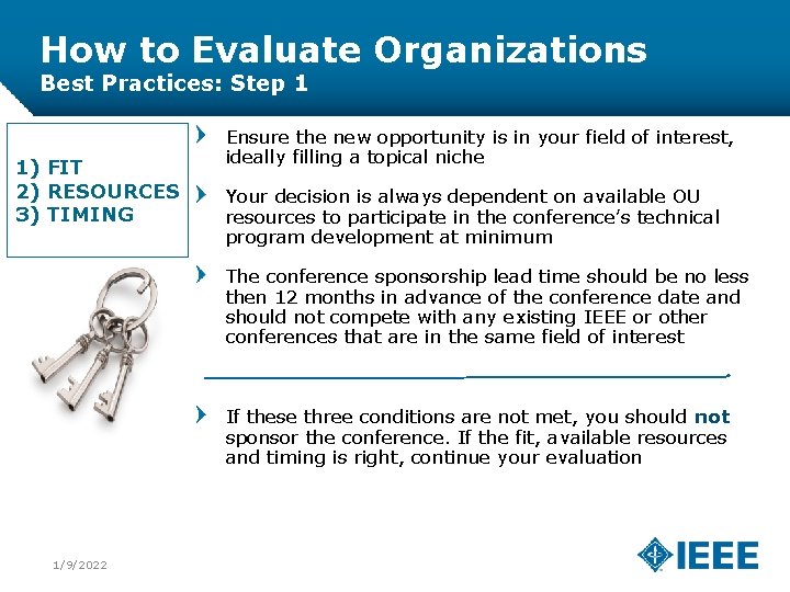 How to Evaluate Organizations Best Practices: Step 1 1) FIT 2) RESOURCES 3) TIMING