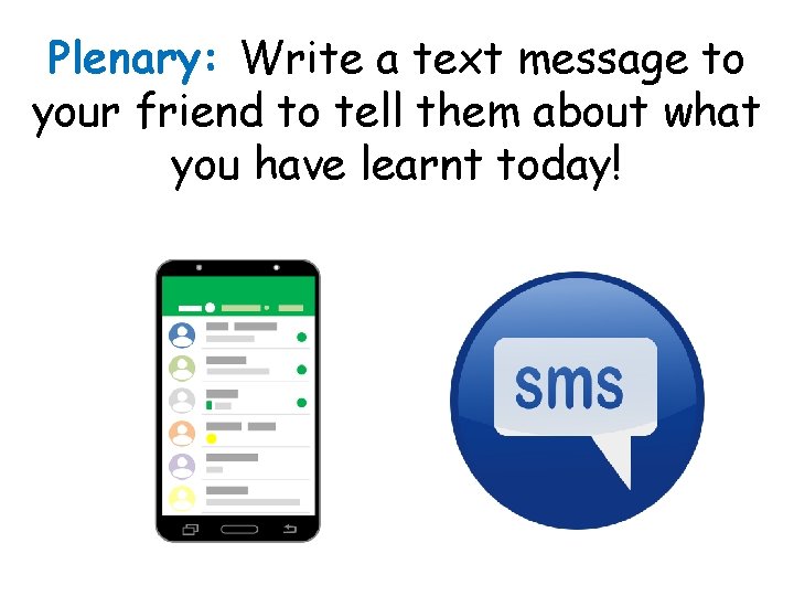 Plenary: Write a text message to your friend to tell them about what you