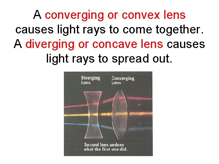 A converging or convex lens causes light rays to come together. A diverging or