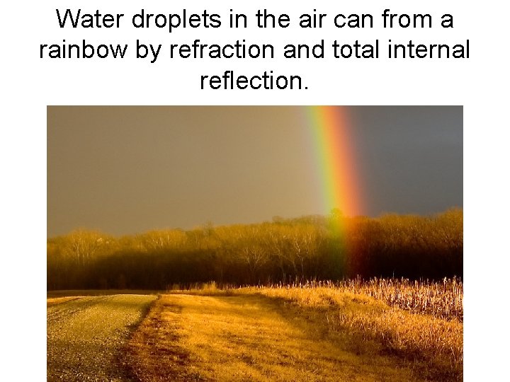 Water droplets in the air can from a rainbow by refraction and total internal