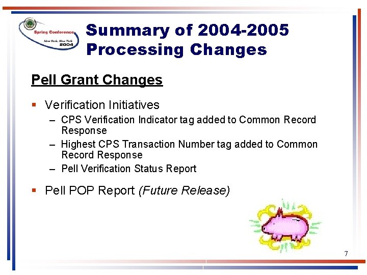 Summary of 2004 -2005 Processing Changes Pell Grant Changes § Verification Initiatives – CPS