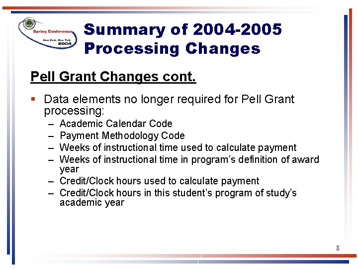 Summary of 2004 -2005 Processing Changes Pell Grant Changes cont. § Data elements no