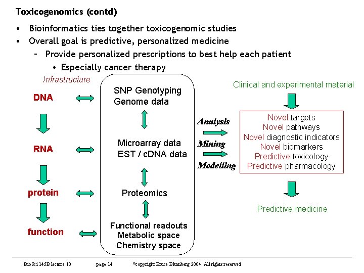 Toxicogenomics (contd) • Bioinformatics ties together toxicogenomic studies • Overall goal is predictive, personalized