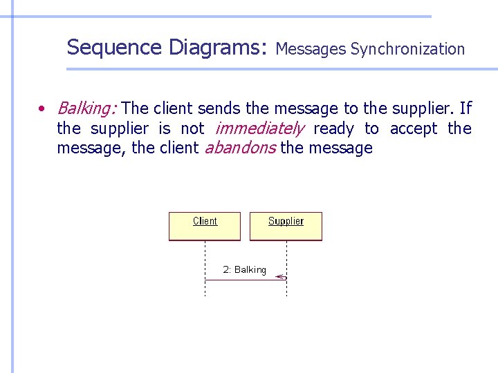 Sequence Diagrams: Messages Synchronization • Balking: The client sends the message to the supplier. Sequence Diagrams: Messages Synchronization • Balking: The client sends the message to the supplier.
