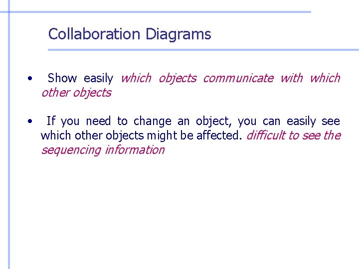 Collaboration Diagrams • • Show easily which objects communicate with which other objects If Collaboration Diagrams • • Show easily which objects communicate with which other objects If