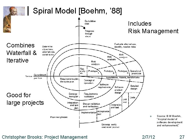 Spiral Model [Boehm, ’ 88] Includes Risk Management Combines Waterfall & Iterative Good for