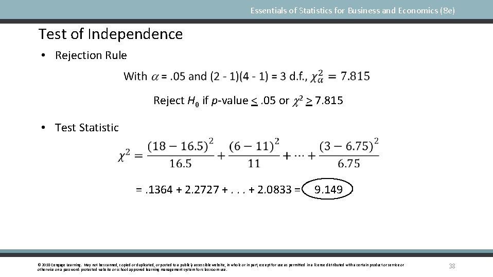 Essentials of Statistics for Business and Economics (8 e) Test of Independence • Rejection