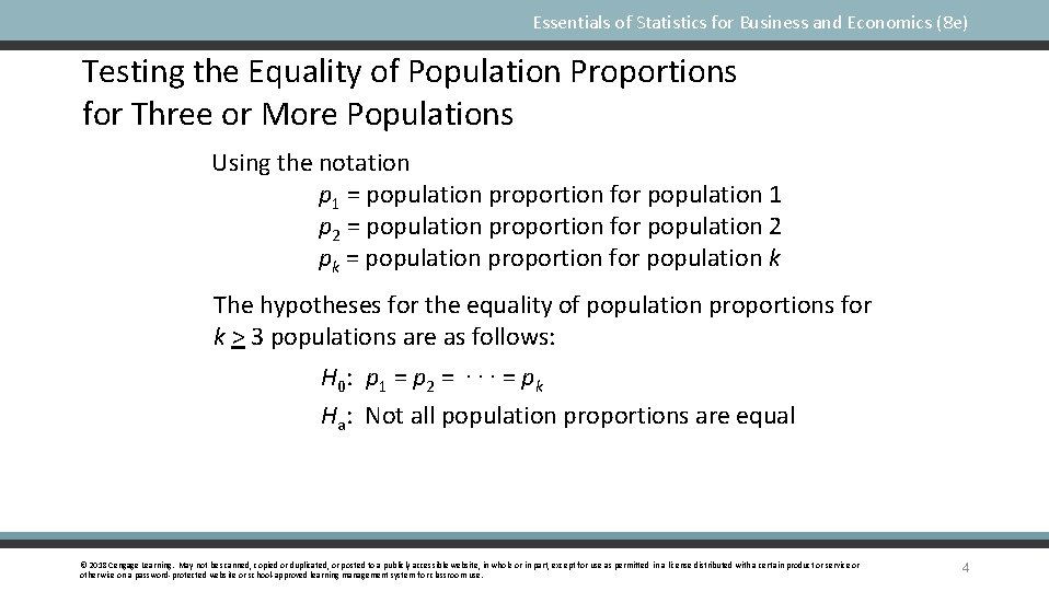 Essentials of Statistics for Business and Economics (8 e) Testing the Equality of Population