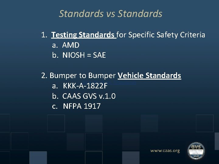 Standards vs Standards 1. Testing Standards for Specific Safety Criteria a. AMD b. NIOSH