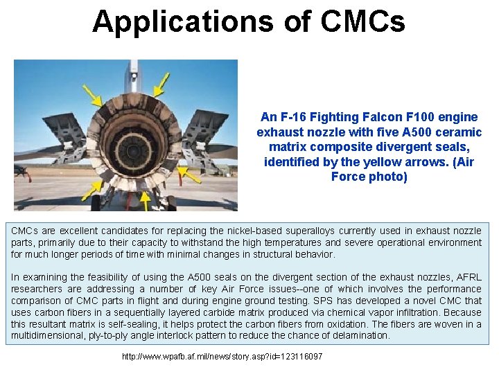 Applications of CMCs An F-16 Fighting Falcon F 100 engine exhaust nozzle with five Applications of CMCs An F-16 Fighting Falcon F 100 engine exhaust nozzle with five