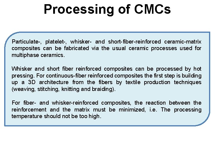 Processing of CMCs Particulate-, platelet-, whisker- and short-fiber-reinforced ceramic-matrix composites can be fabricated via Processing of CMCs Particulate-, platelet-, whisker- and short-fiber-reinforced ceramic-matrix composites can be fabricated via