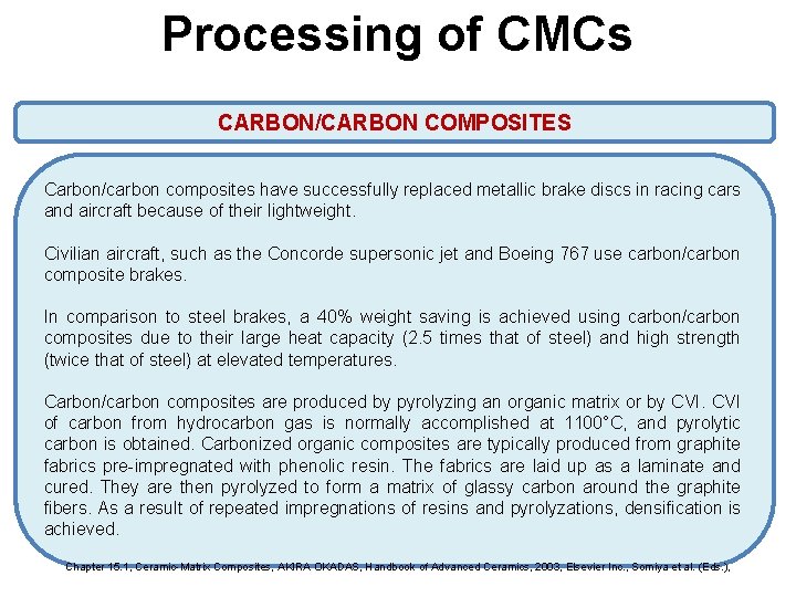 Processing of CMCs CARBON/CARBON COMPOSITES Carbon/carbon composites have successfully replaced metallic brake discs in Processing of CMCs CARBON/CARBON COMPOSITES Carbon/carbon composites have successfully replaced metallic brake discs in