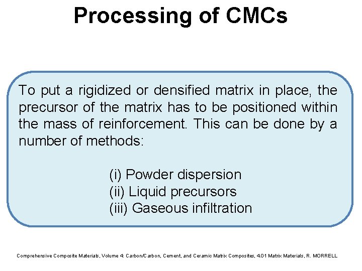 Processing of CMCs To put a rigidized or densified matrix in place, the precursor Processing of CMCs To put a rigidized or densified matrix in place, the precursor