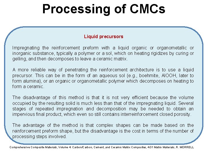 Processing of CMCs Liquid precursors Impregnating the reinforcement preform with a liquid organic or Processing of CMCs Liquid precursors Impregnating the reinforcement preform with a liquid organic or