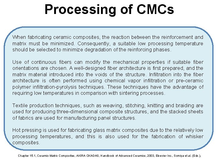Processing of CMCs When fabricating ceramic composites, the reaction between the reinforcement and matrix Processing of CMCs When fabricating ceramic composites, the reaction between the reinforcement and matrix